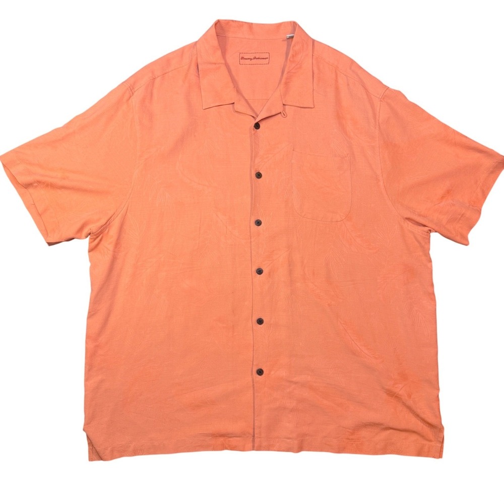 Tommy Bahama Silk Button Down Shirt Men 2XB Orange Palm Leaf Camp Coral Short Sl